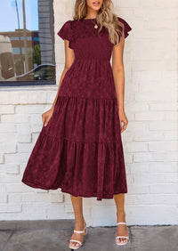 Floral  Summer Cap Sleeve Smocked Ruffle A Line Long Flowy Wedding Guest Midi Dresses