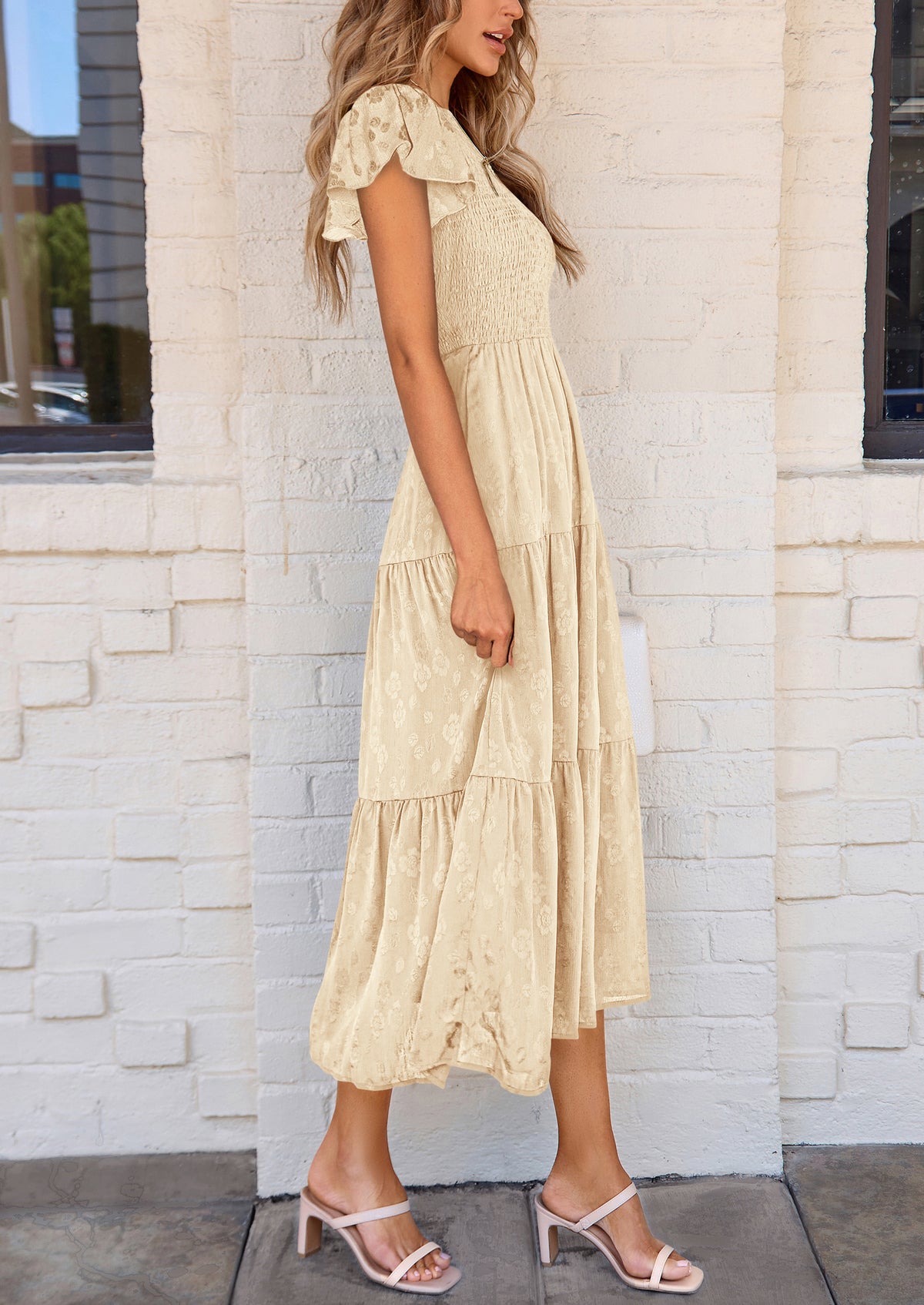 Floral  Summer Cap Sleeve Smocked Ruffle A Line Long Flowy Wedding Guest Midi Dresses