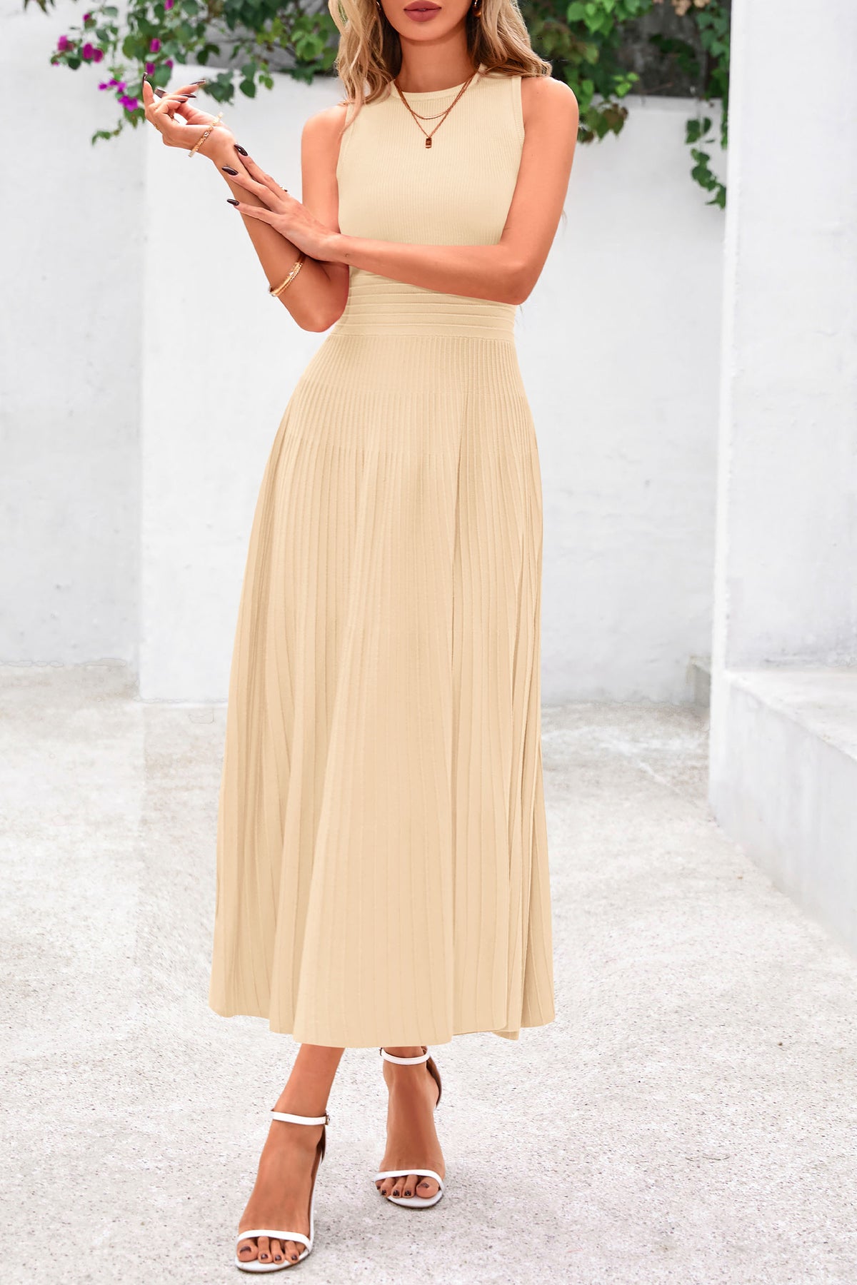 Sleeveless Crew Neck Knit A Line Pleated Swing Wedding Guest Casual Midi Dresses