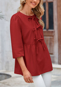 Babydoll Trendy 3/4 Length Puff Sleeve Bow Tie Front Cute Peplum Blouses