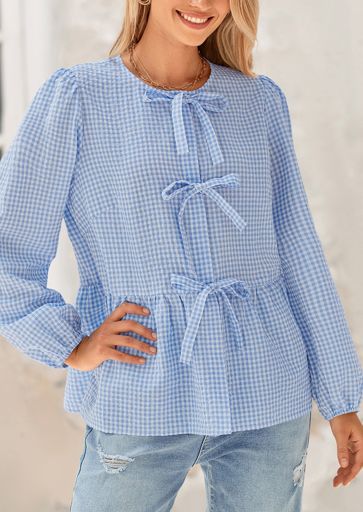 Babydoll Peplum Puff Long Sleeve Bow Tie Front Cute Y2K Blouses