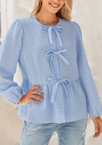 Babydoll Peplum Puff Long Sleeve Bow Tie Front Cute Y2K Blouses