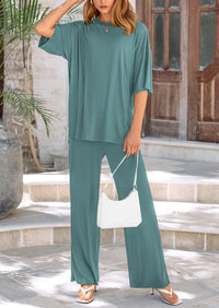 Short Sleeve Pullover Tops And Wide Leg Pants Two Piece Sets
