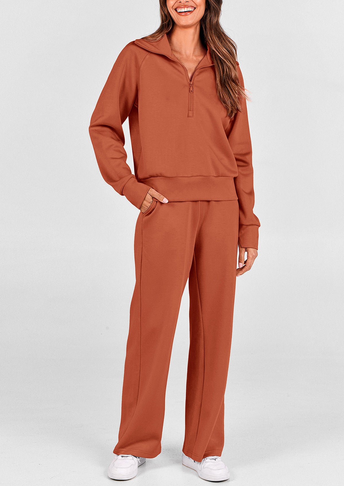 Flip Collar Half Zip Top And Wide Leg Pants Casual Two-Piece Set