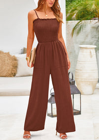 Linen Smocked Spaghetti Strap Pockets Wide Leg Jumpsuits