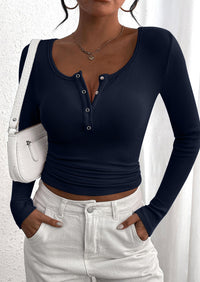 Long Sleeved V-Neck Button Slim Knit Solid Color Casual Shirt