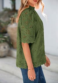 Short Sleeve Eyelet Embroidered Dressy Casual Blouse