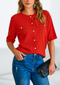 Button Down Casual Short Sleeve Crew Neck Ribbed Knit Shirts
