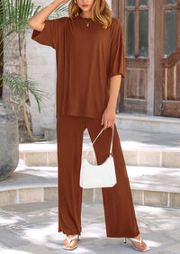Short Sleeve Pullover Tops And Wide Leg Pants Two Piece Sets