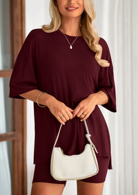 Casual Short Sleeved Round Neck Top Paired With Shorts Two-Piece Set