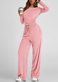 Long Sleeve Crop Tee Wide Leg Pants Two Piece Sets