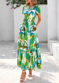 Boho Floral Short Sleeve V Neck A Line Tiered Ruffle Flowy Long Beach Vacation Maxi Dresses