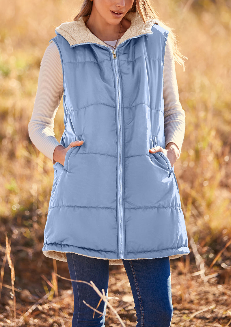 PRETTYGARDEN Womens Fall Reversible Vests Sleeveless Fleece Jacket Zip Up Hoodie Pockets Long Warm Winter Coat Outerwear