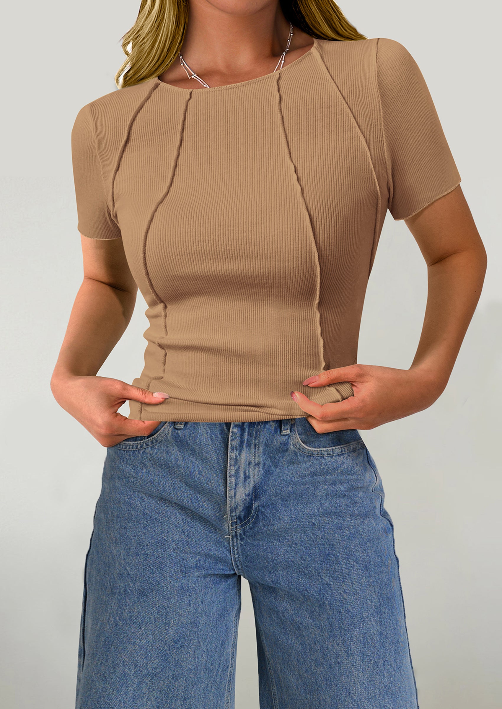 KIRUNDO Ribbed Short Sleeve Tops for Women Summer Casual Crew Neck Cute Crop Basic Tees Slim Fit Exposed Seams T Shirts