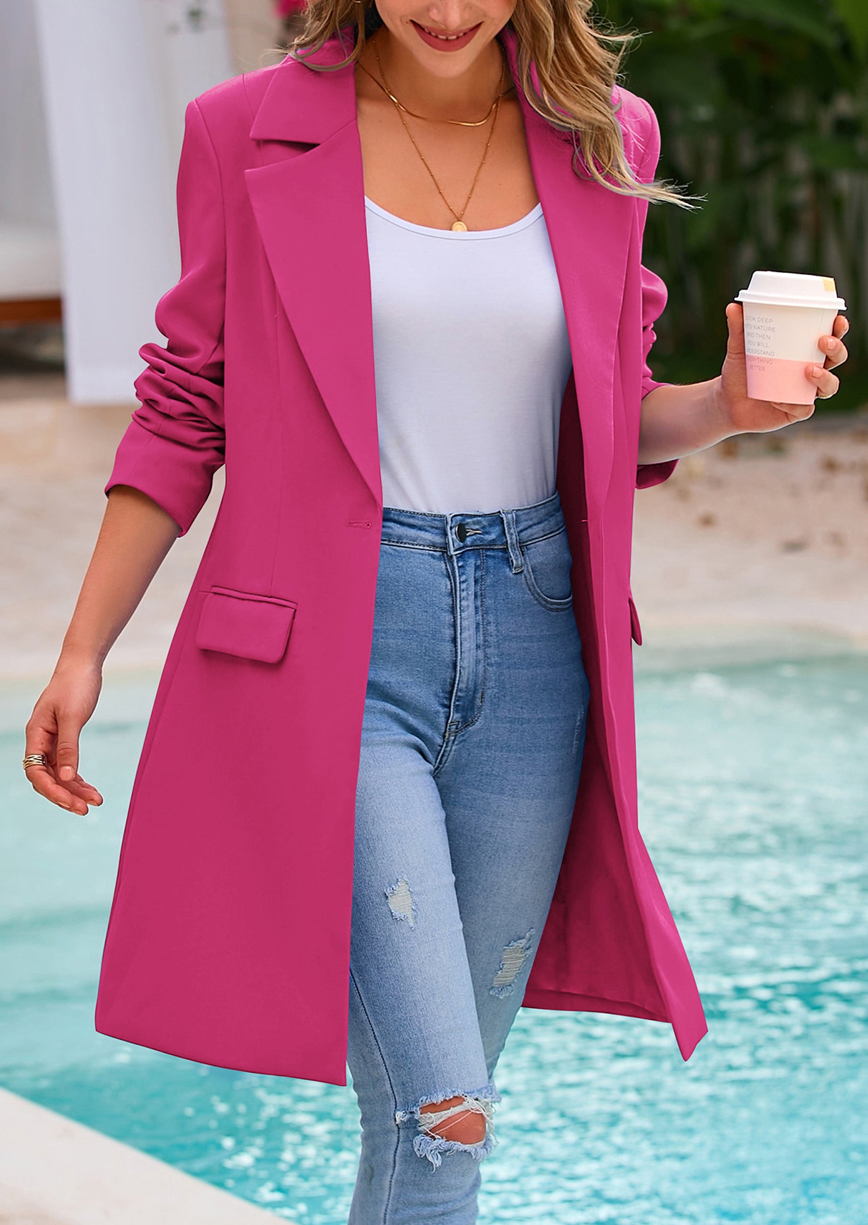 PRETTYGARDEN Women's Spring Fall Long Blazer Jackets Long Sleeve Lapel Pockets Loose Fit Work Casual Blazers Outerwear
