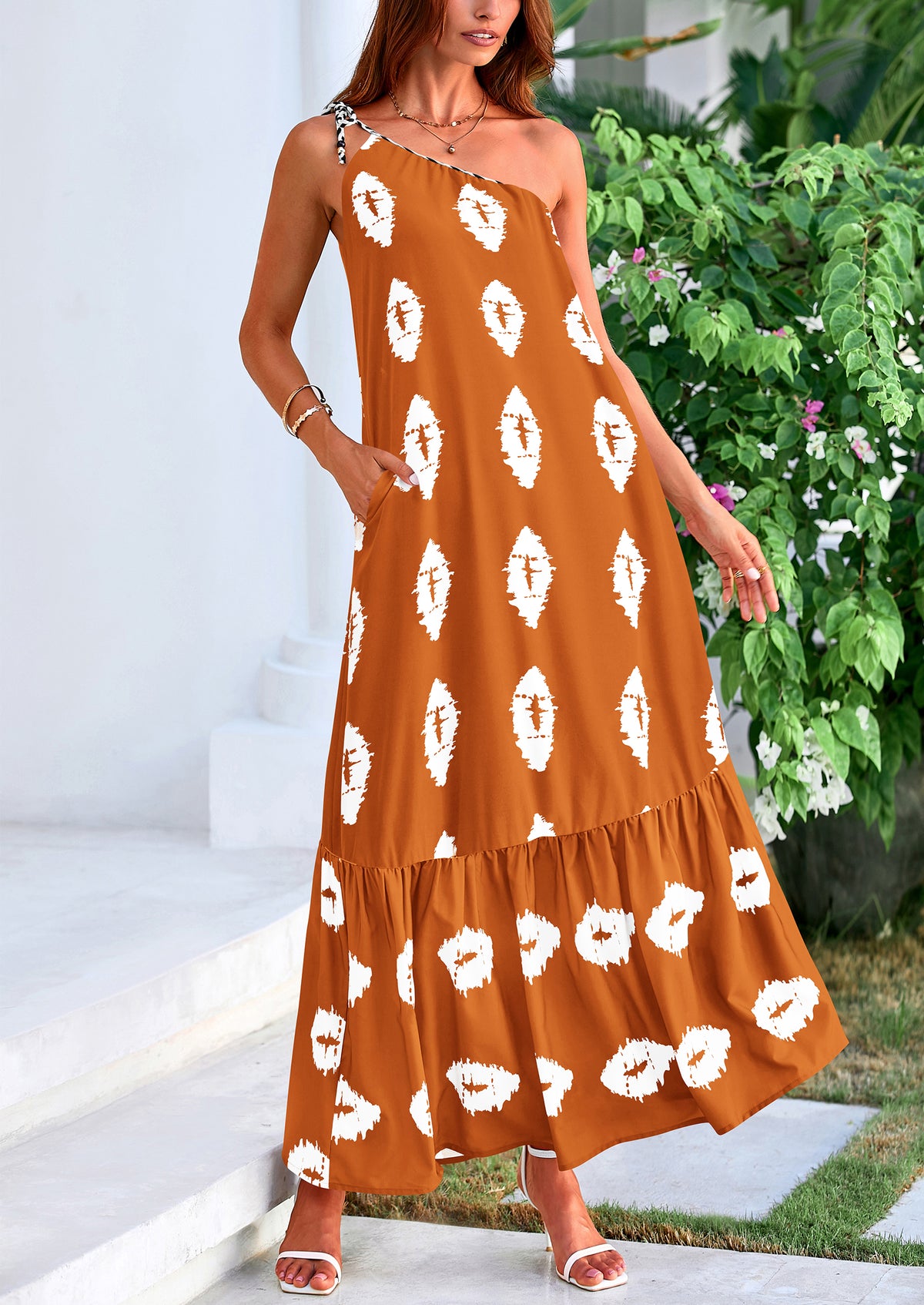 One Shoulder Spaghetti Strap Printed A Line Flowy Boho Maxi Long Sundress