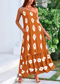 One Shoulder Spaghetti Strap Printed A Line Flowy Boho Maxi Long Sundress