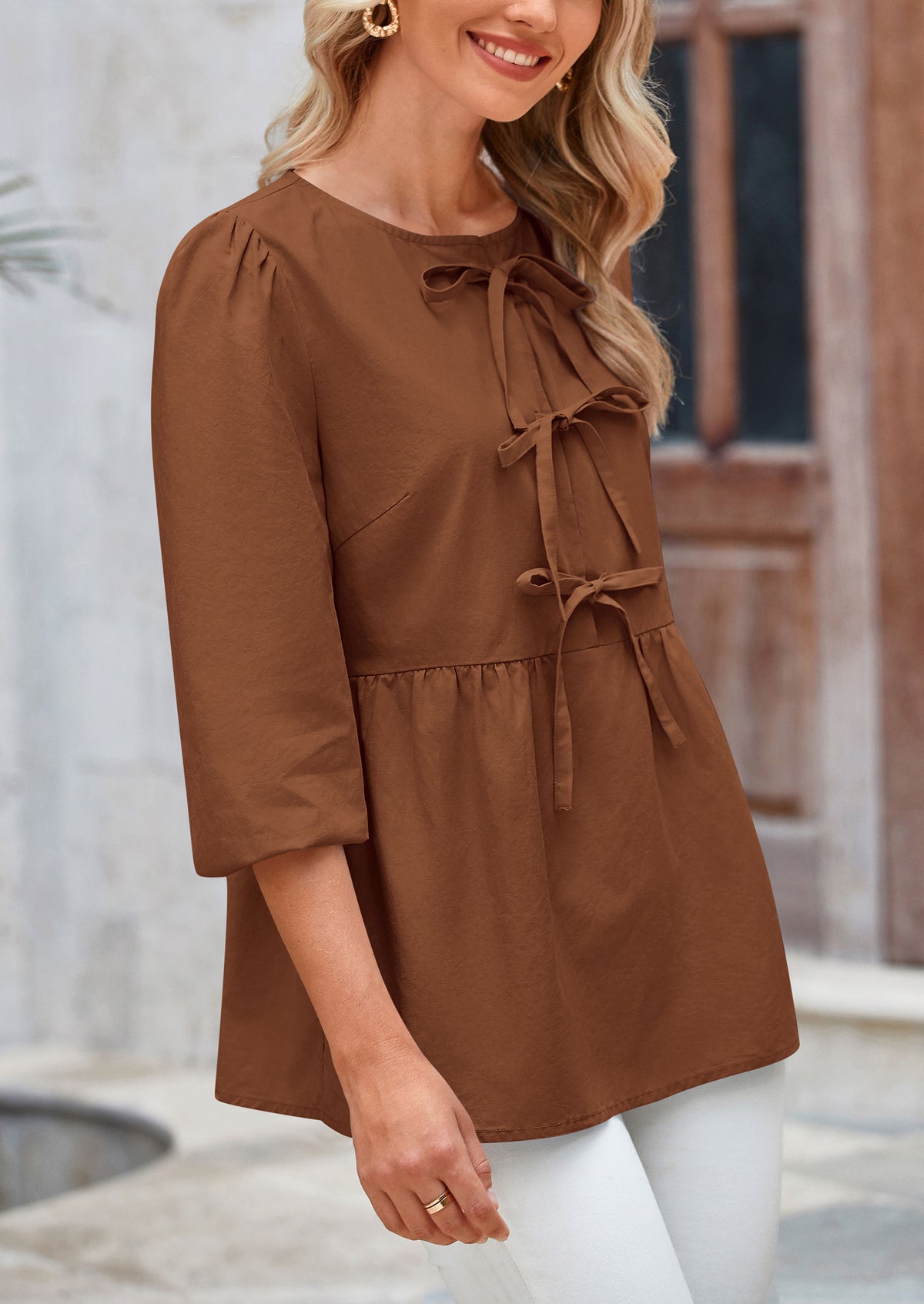 Babydoll Trendy 3/4 Length Puff Sleeve Bow Tie Front Cute Peplum Blouses