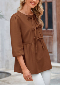 Babydoll Trendy 3/4 Length Puff Sleeve Bow Tie Front Cute Peplum Blouses