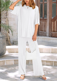 Short Sleeve Pullover Tops And Wide Leg Pants Two Piece Sets