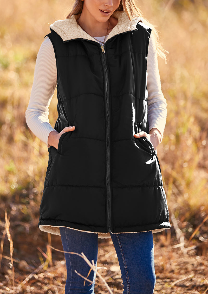 PRETTYGARDEN Womens Fall Reversible Vests Sleeveless Fleece Jacket Zip Up Hoodie Pockets Long Warm Winter Coat Outerwear