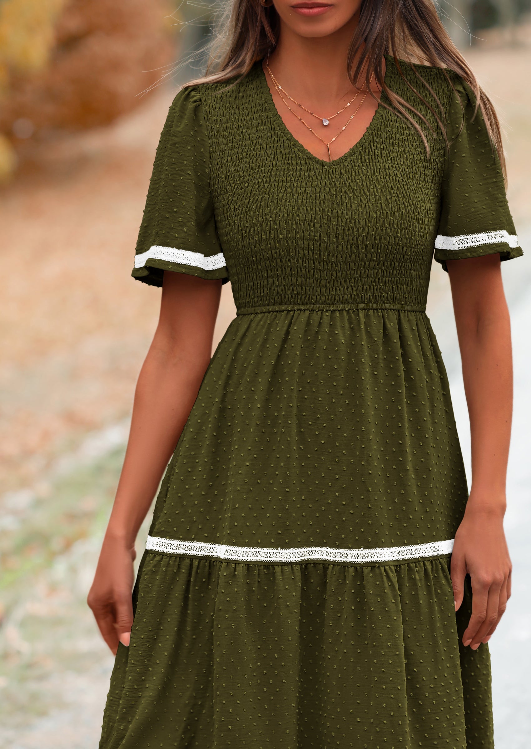 PRETTYGARDEN Women's Casual Summer Maxi Dress Short Sleeve Swiss Dot V Neck Smocked Long Flowy Beach Dresses