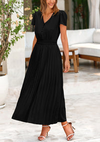 Casual Button V Neck Ruffle Cap Sleeve Long Flowy Pleated Maxi Dresses