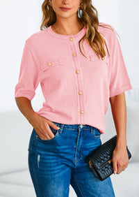 Button Down Casual Short Sleeve Crew Neck Ribbed Knit Shirts