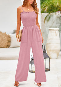 Linen Smocked Spaghetti Strap Pockets Wide Leg Jumpsuits