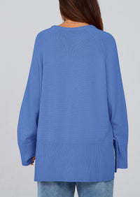 Knit Long Sleeve Crew Neck Split Hem Loose Oversized Tunic Sweaters