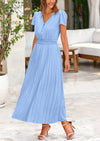 PRETTYGARDEN Women's Short Sleeve Button V Neck Casual Pleated Maxi Dresses
