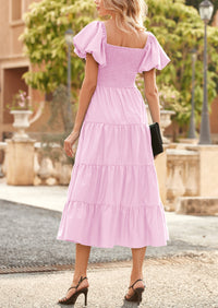 Casual Short Sleeved Square Neck Layered Pleated Dress