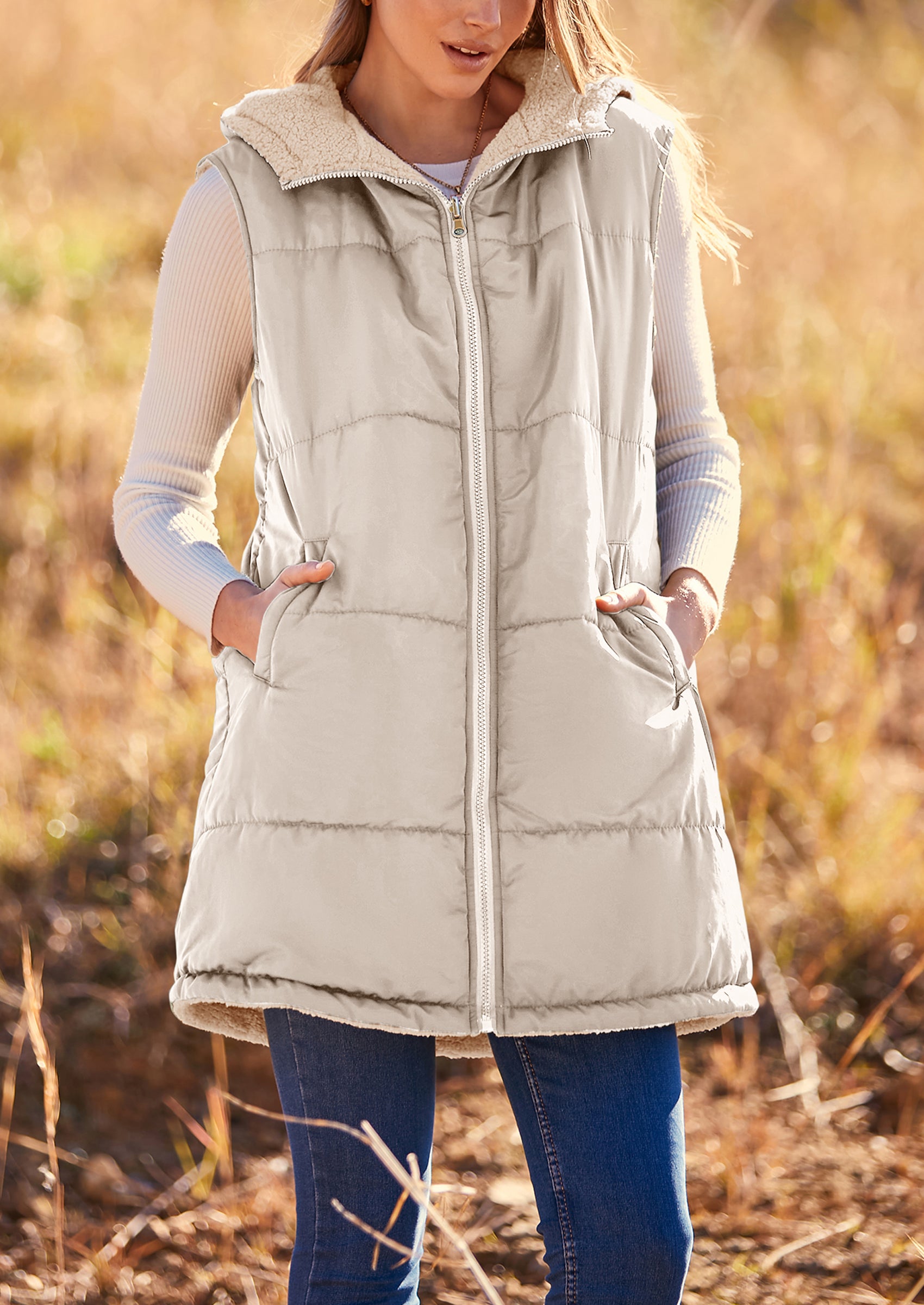 PRETTYGARDEN Womens Fall Reversible Vests Sleeveless Fleece Jacket Zip Up Hoodie Pockets Long Warm Winter Coat Outerwear