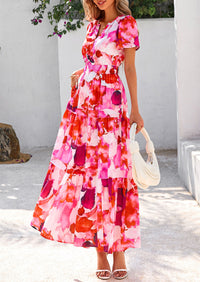 Boho Floral Short Sleeve V Neck A Line Tiered Ruffle Flowy Long Beach Vacation Maxi Dresses