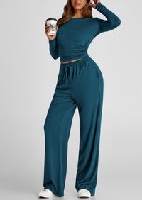 Long Sleeve Crop Tee Wide Leg Pants Two Piece Sets