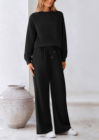 Casual Long Sleeve Pullover Tops and Wide Leg Pants Knitted Two Piece Sets