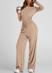 Long Sleeve Crop Tee Wide Leg Pants Two Piece Sets