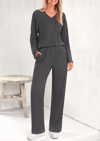 Knitted Long Sleeved V-Neck Pullover, Wide Leg Long Pants Two-Piece Set