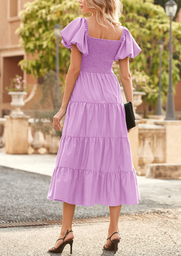 Casual Short Sleeved Square Neck Layered Pleated Dress