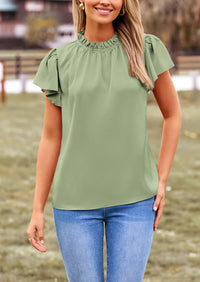 Satin Dressy Casual Ruffle Short Sleeve Crew Neck Work Party Blouses