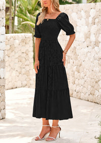 Casual Square Neck Short Sleeve Smocked A Line Floral Flowy Elegant Boho Midi Dresses