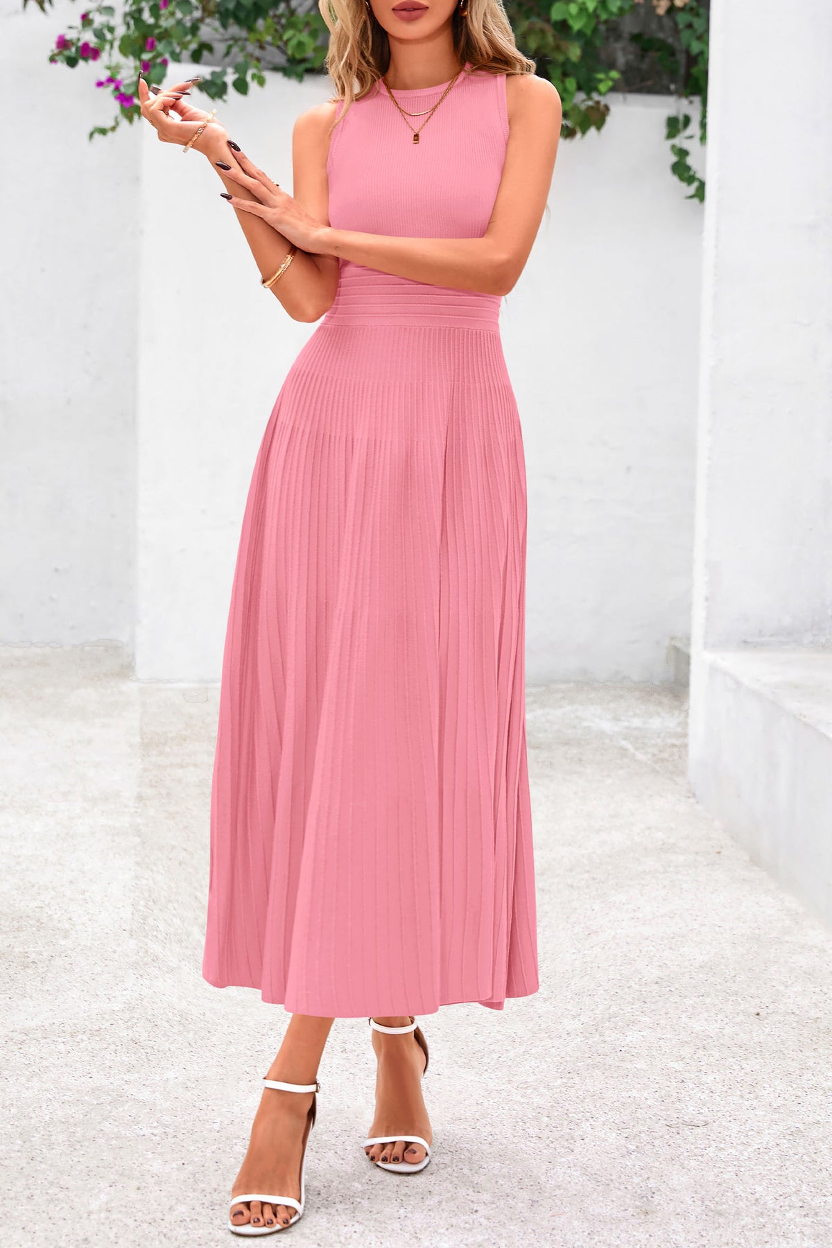 Sleeveless Crew Neck Knit A Line Pleated Swing Wedding Guest Casual Midi Dresses