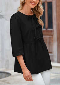 Babydoll Trendy 3/4 Length Puff Sleeve Bow Tie Front Cute Peplum Blouses