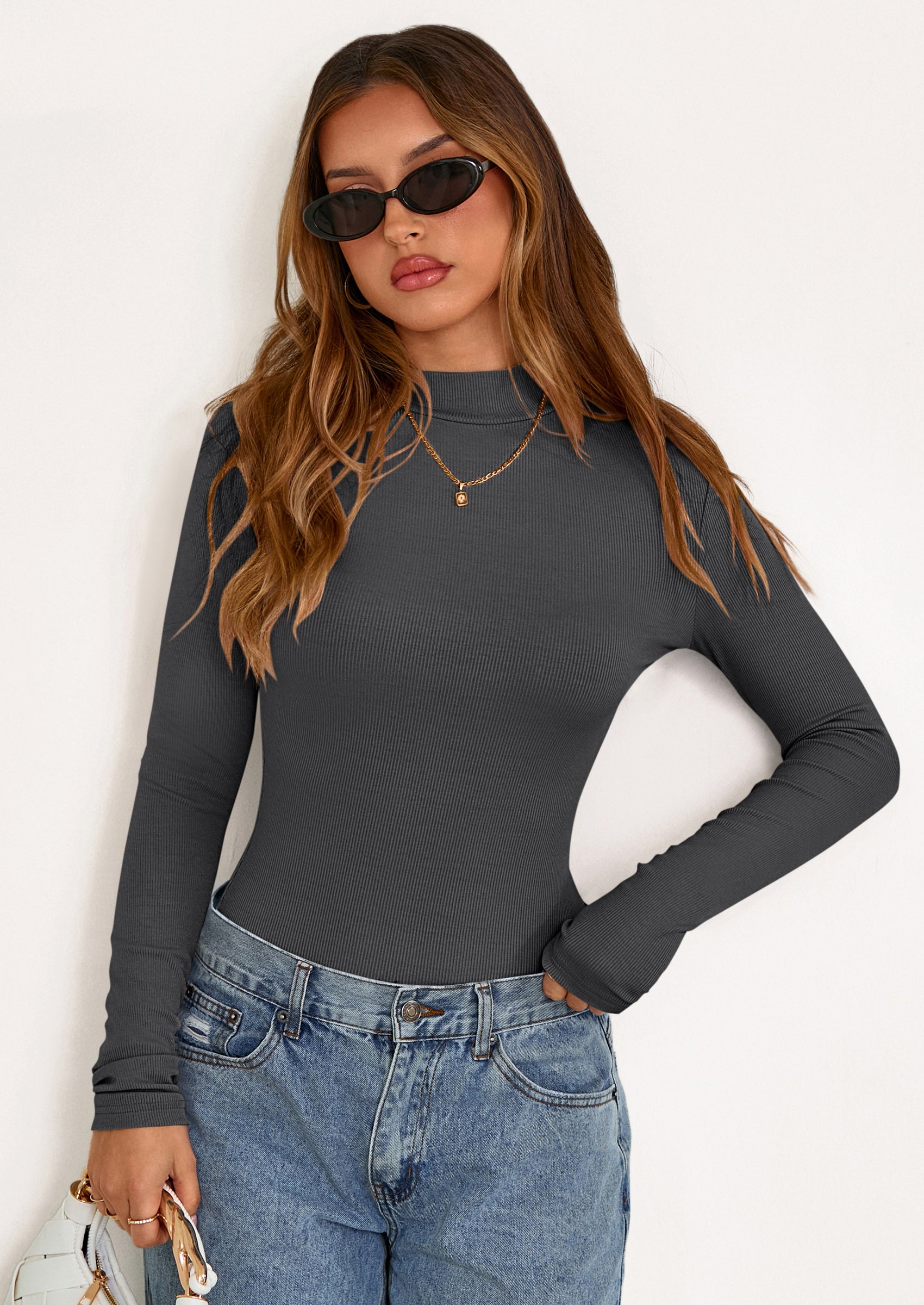 PRETTYGARDEN Women's Turtleneck Long Sleeve Shirts Fall Basic Tees Ribbed Fitted Tops Thermal Layering Knit Top Clothes