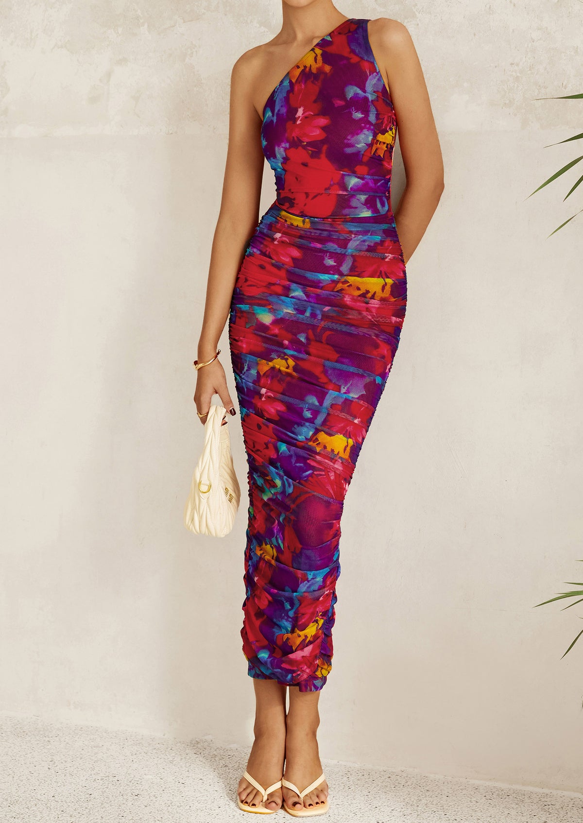 One Shoulder Bodycon Printed Ruched Mesh Party Cocktail Fitted Long Dress