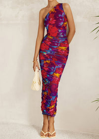 One Shoulder Bodycon Printed Ruched Mesh Party Cocktail Fitted Long Dress