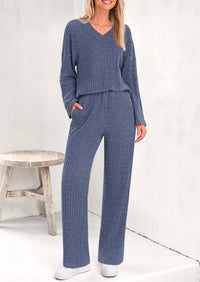 Knitted Long Sleeved V-Neck Pullover, Wide Leg Long Pants Two-Piece Set