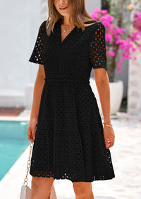 Short Sleeve V Neck Hollow Out Eyelet Ruffle A Line Swing Mini Dress