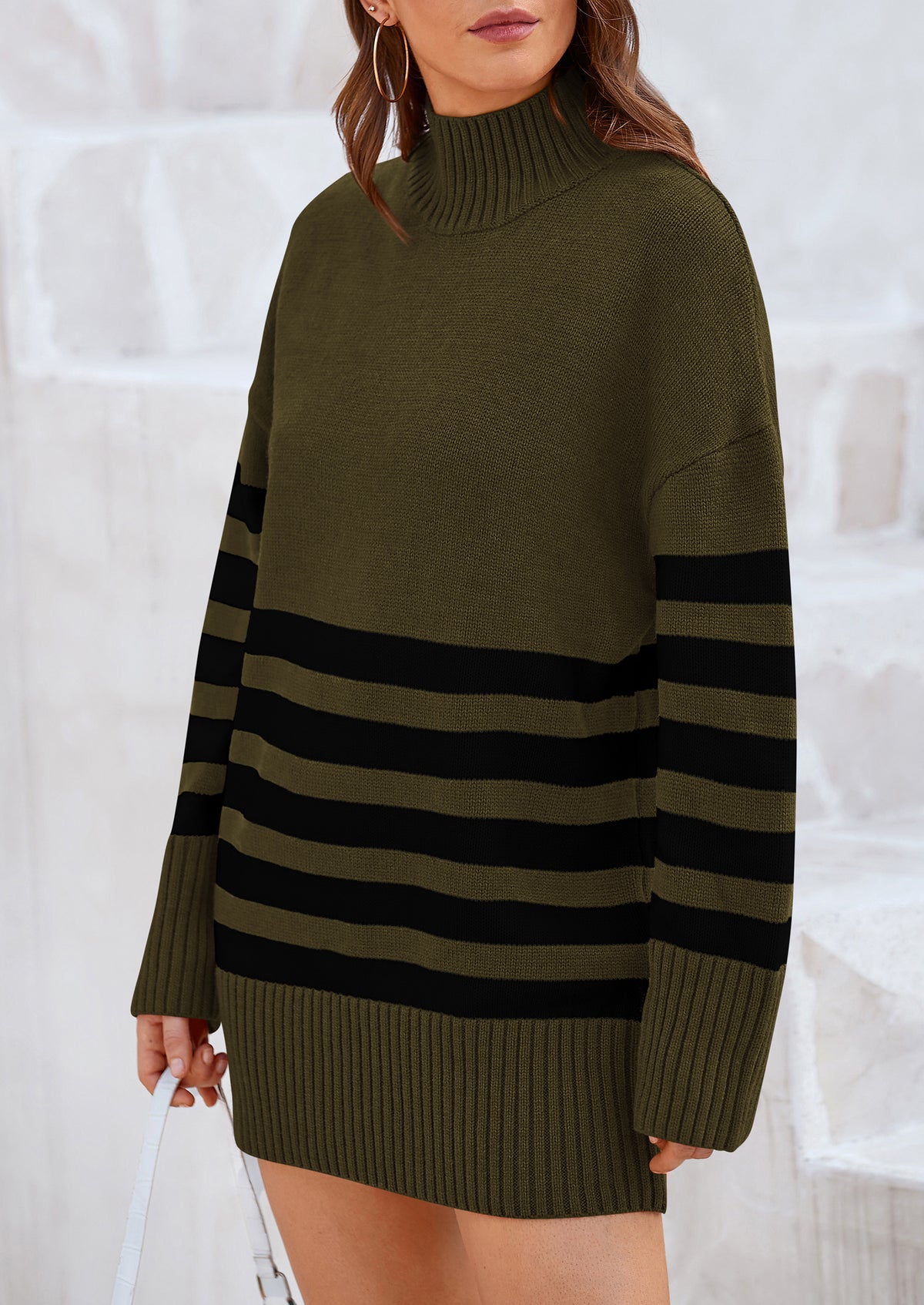 Striped Turtleneck Long Sleeve Loose Fit Chunky Knit Casual Mini Sweater Dresses