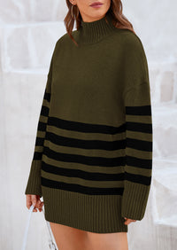 Striped Turtleneck Long Sleeve Loose Fit Chunky Knit Casual Mini Sweater Dresses